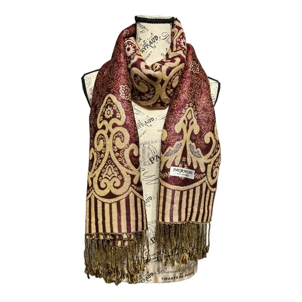 Pashmina Indie’s Fine Wool Scarf Burgundy Metallic Fringe Lightweight Neck Wrap